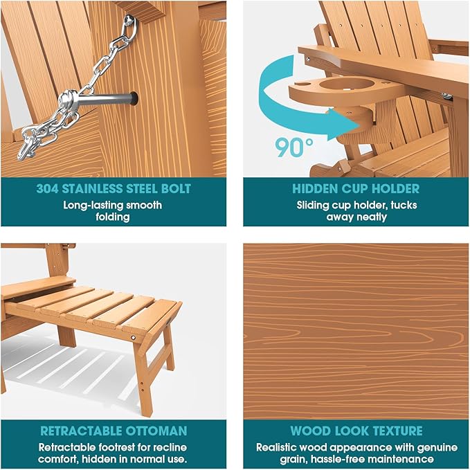 THOEOE Folding Adjustable Adirondack Chairs with Ottoman & 1 Cup Holders, HDEP Multifunctional Adirondack Chair with Footrest,Wood