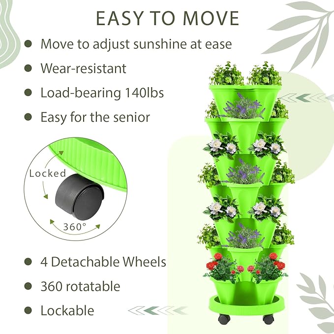 Umigy 1 Set Light Green 7 Tier Vertical Planter Stackable Tower Planters Strawberry Herb Flower and Vegetable Pots Indoor Outdoor Gardening Pots with Removable Wheels and Tools