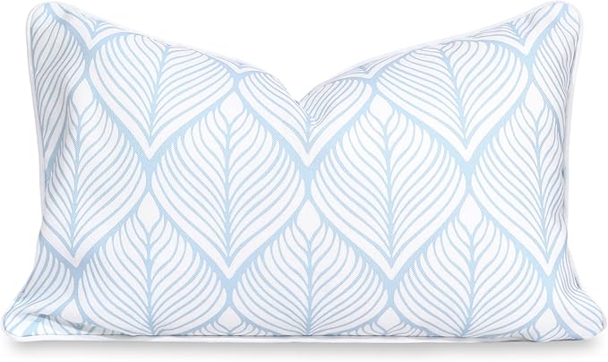 Hofdeco Premium Coastal Patio Indoor Outdoor Lumbar Pillow Cover Only, 12"x20" Water Repellent for Backyard, Couch, Baby Blue Print Geometric Leafs
