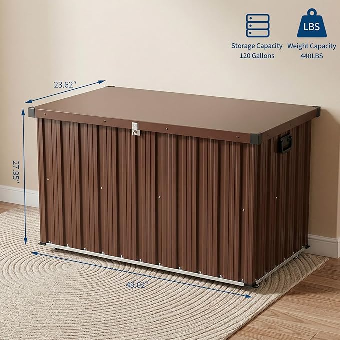 Metal Deck Box 120 Gallon Waterproof Patio Storage Container, Metal Outdoor Storage Box with 0.6 mm Galvanized Steel and 0.3 mm Coated Steel Panels, Large Bin with Wheels for Deck, Porch, Pools