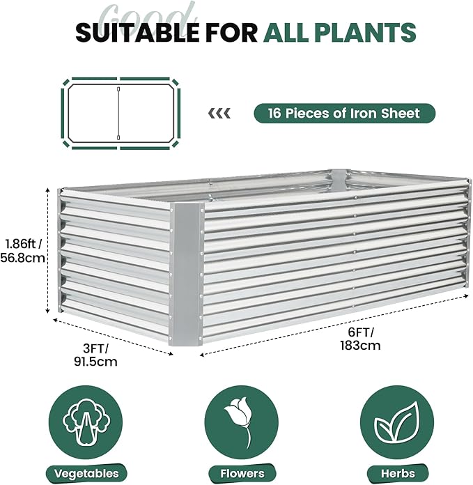 G GOOD GAIN 6x3x2 ft Galvanized Raised Garden Bed Kit, Large Metal Planter Box Outdoor for Vegetables, Flowers, Herbs, 269 Gallon Capacity Deep Root Design, Silver