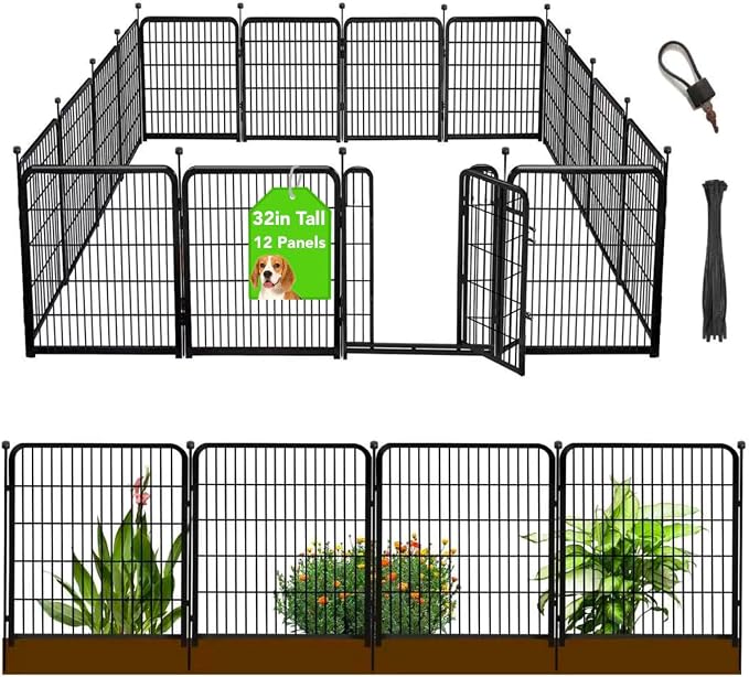 Getlay Garden Fence with Gate 32 in(H)×26.6 Ft(L) 12 Panels, Heavy Duty Iron Animal Barrier Fence for Yard, Suitable for Indoor Pet Fence Or Outdoor Dog Fencing