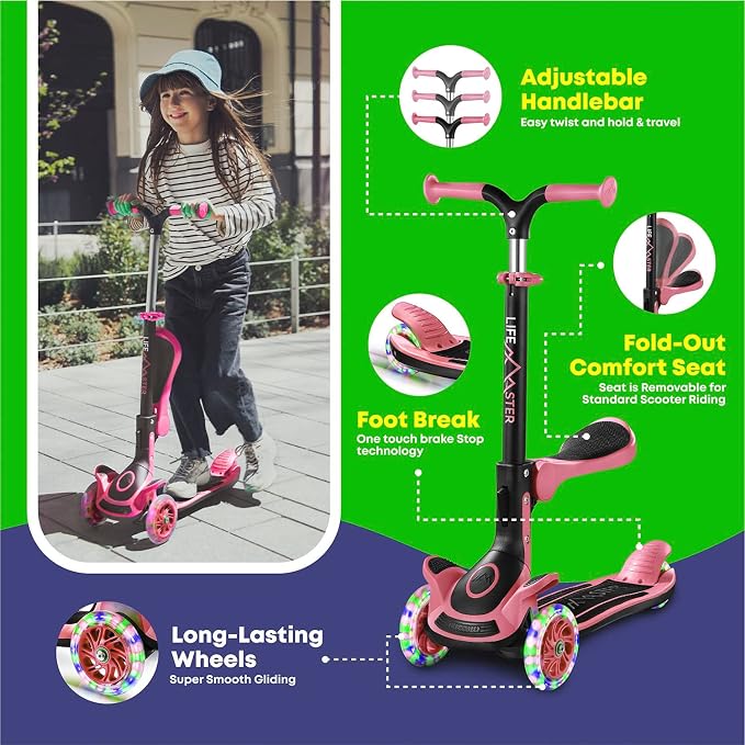 3 Wheel Scooter for Kids with Foldable Seat, Adjustable Handlebar Height, Lean-to-Steer Ride On Toy for Kids Ages 2+, Light-Up LED Wheels, Wide Anti Slip Deck, Indoor & Outdoor Use