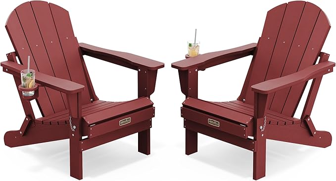 SERWALL Foldable Adirondack Chair Set of 2, Weather Resistant HIPS Patio Chairs with Cup Holder for Garden Outdoors Fire Pit Chairs- Red
