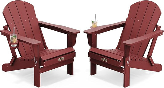 SERWALL Foldable Adirondack Chair Set of 2, Weather Resistant HIPS Patio Chairs with Cup Holder for Garden Outdoors Fire Pit Chairs- Red