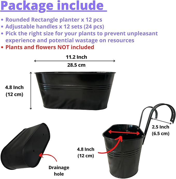 LaLaGreen Outdoor Plants Rail Planter (11.2 Inch, 12 Pack) Black Metal Iron Hanging Flower Pots Deck Railings Fence Buckets Modern Boho Style Wall Mount Window Box Plant Holder Hooks Porch Home Decor