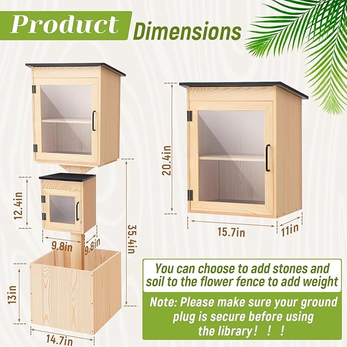 Wonderjune Little Library Box Outdoor Weatherproof Solid Wood Double Book Exchange Box with Pillar-Mounted Mini Library, Floor Plugs & Flower Fence for Community Neighborhood School(Natural Wood)