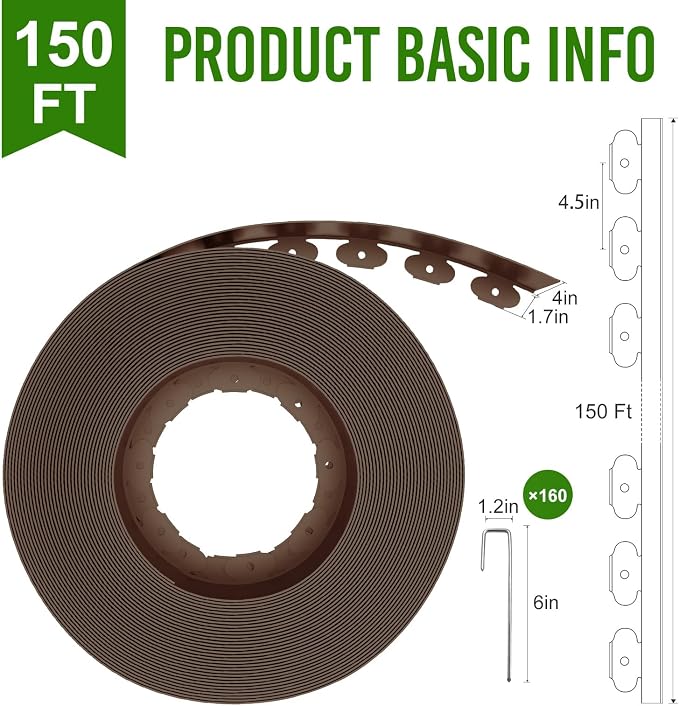 Landscape Edging 4 Inch Tall 150FT with 160Pcs Metal Spikes, Plastic Garden Edging Border Landscape Edging Border Lawn Edging for Landscaping, Flower Bed, Yard(Brown)