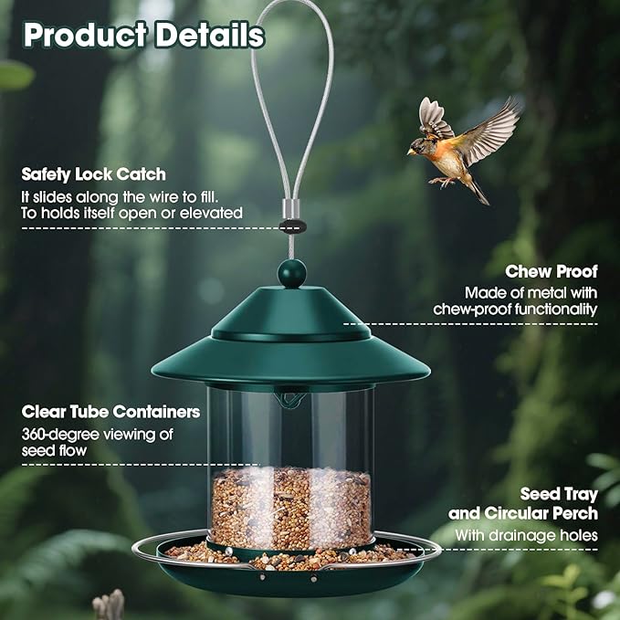Bird Feeder, Hanging Metal Bird Feeders for Outdoors with 2LB Clear Tube Seed Capacity for Viewing Cardinal Finch, Chew Proof Wild BirdFeeders for Outside Garden Yard Decoration