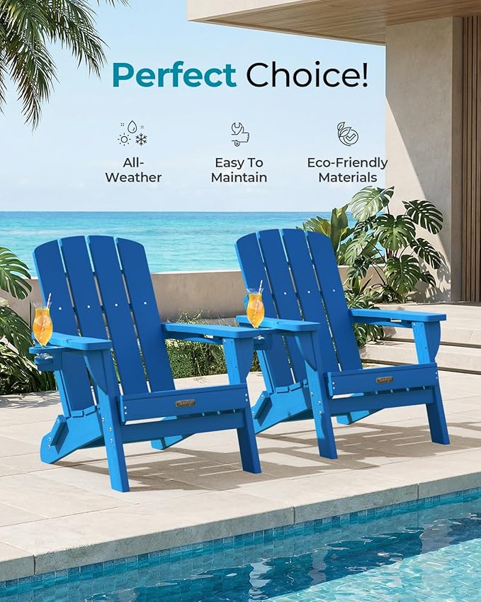 Folding Adirondack Chair, HDPE All-Weather Fire Pit Chairs, Plastic Adirondack Chairs with 2 Cup Holder, Outdoor Lawn Chair for Patio Garden (Royal Blue)