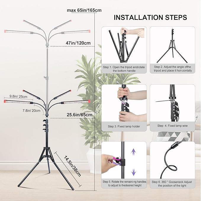 FRGROW 4Head Grow Light with Stand for Tall Indoor Plants, Bonsai Tree, Bright Full Spectrum Plant Growing Lamps, 4/8/12/16/20H Timer, 36 Watt Power Draw, NO Need Adapter, 360° Gooseneck
