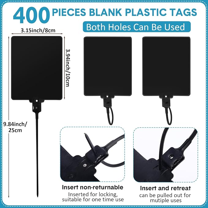 Novabright 400 Pcs Black Waterproof Blank Plastic Shipping Tags Bulk 3.94" x 3.15" Large Writable Sealing Mark Labels Tie with String for Luggages Inventory Logistics Keys