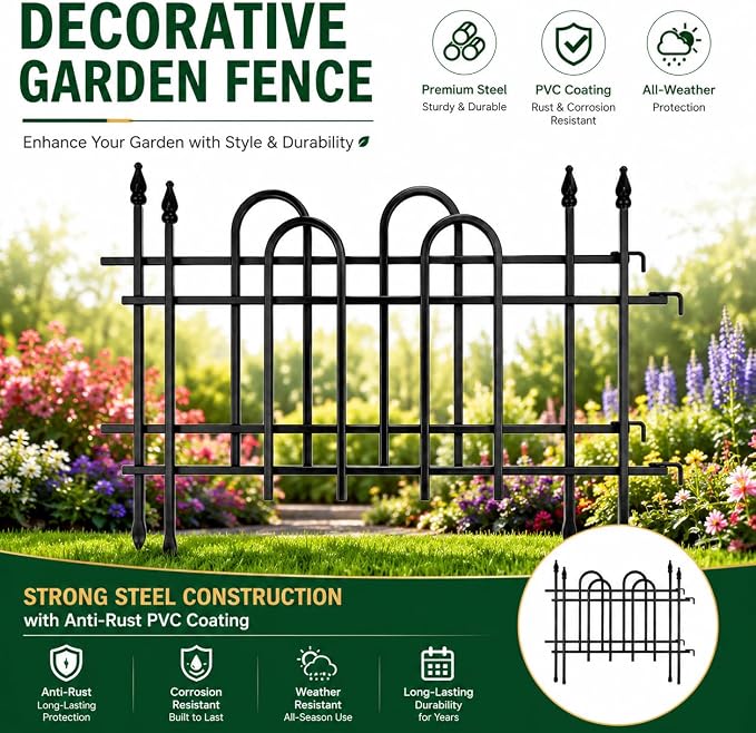 Decorative Metal Garden Fence 18"H x 22"W, 7.3FT Heavy Duty Rustproof Garden Border Fence with Arched Top, Outdoor Animal Barrier to Protect Plants & Keep Dogs Out, Flower Bed & Yard Fence, 4 Panels