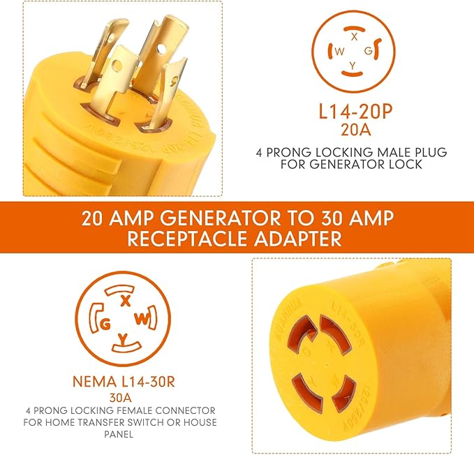 Kanayu NEMA L14-20P to L14-30R 20Amp to 30Amp Generator Adapter4 Prong Locking Generator 20Amp Male Plug to 30Amp Female Receptacle Adapter(Yellow)