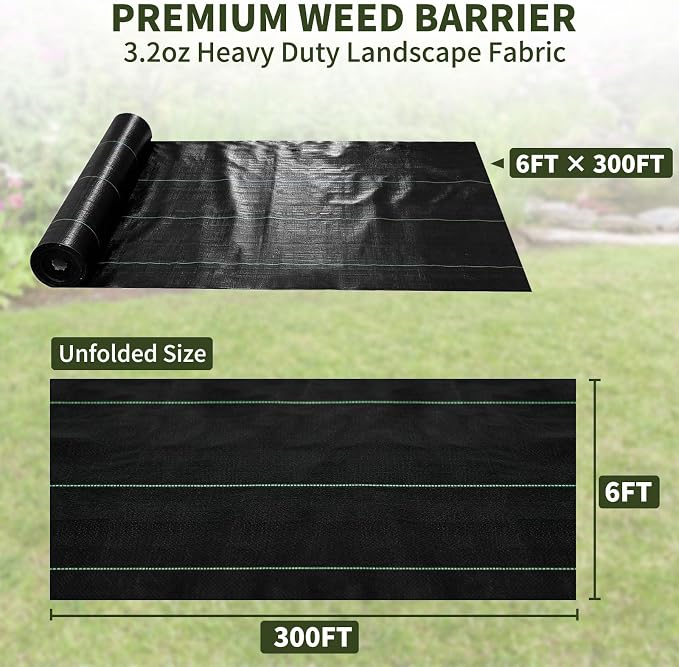 EXTRAEASY 6ft x 300ft Weed Barrier Fabric, Heavy Duty Landscape Fabric, 3.2oz Weed Control Fabric, Tear-Resistant Weed Blocker Ground Cover for Garden, Gravel, Driveway, Flower Bed
