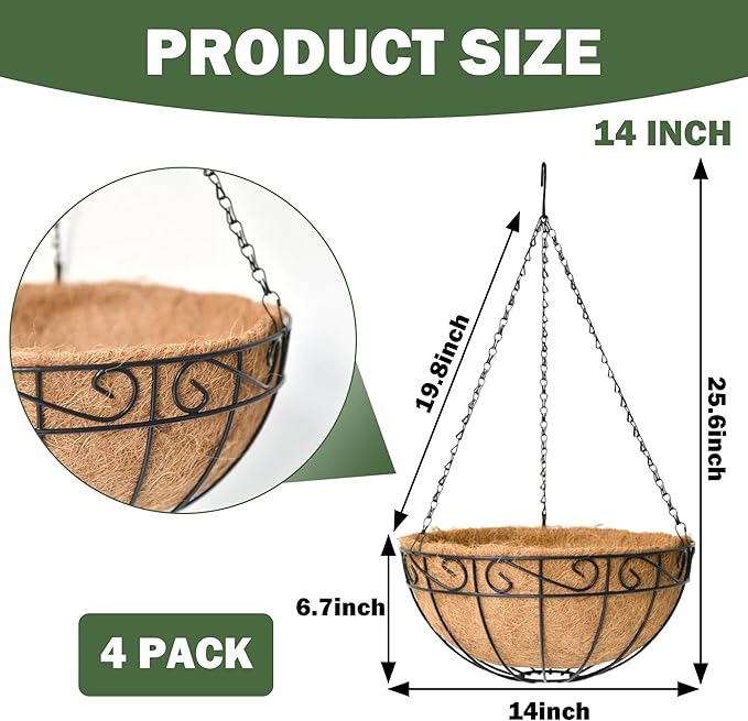 4 Pack 14 Inch Hanging Baskets for Plants Outdoor Metal Hanging Planter Basket with Coco Coir Liner Hanging Flower Pots Holder for Garden, Patio(Flower)