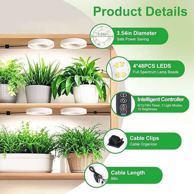 LED Plant Growth Lights for Indoor Plants, Warm+White Full Spectrum 3.54" Grow Lamps for Plant Growth with 6/12/16H Timer, 3 Spectral Modes, 10 Dimmable Levels, Halo Angel Ring White (4 Head)