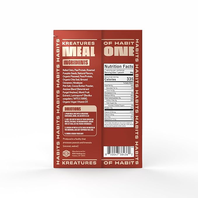 Kreatures of Habit MEAL ONE | Overnight & Instant Superfood Protein Meal Replacement | Gluten Free, Dairy Free, 30g of Plant Based Protein, With No Added Sugar (7 Pack, Limited Edition Flavor, Cinnamon Roll)