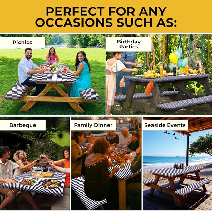 RNOONY 6ft Polyester Picnic Table Cover with Bench Covers Windproof & Waterproof Tablecloth, Perfect Camping Gifts RV Essentials, Cool Camping Gadgets, with Carrying Bag, 72x30 Inch 4Pcs,Blue Striped
