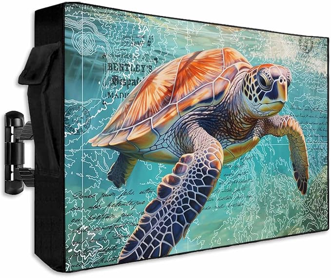 Ocean Sea Turtle Nautical Map Outdoor TV Cover 65 Inch Weatherproof, 600D Thick Waterproof Outdoor TV Screen Protector with Zipper for 60 to 65 inch Screens
