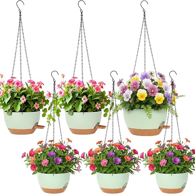 6 Pack Hanging Planter Set 12/10/8 Inch Plastic Self Watering Hanging Baskets Plant Pot with Drainage Holes and Chain for for Indoor Outdoor Garden Porch Plants