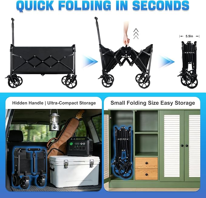 Collapsible Wagon Cart Foldable with Wheels - Heavy Duty 360LBS Portable Folding Utility Shopping Cart with 360° Swivel Brakes Wheels & Cup Holders for Outdoor Camping Beach Grocery Garden