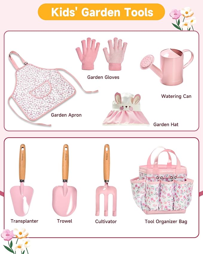 Handmade Kids Gardening Tools Set - 8Pc Artisan Garden Kit with Real Wood Handles, Metal Heads, Bunny Hat, Apron & Tote - Educational Nature Gift for Toddlers & Girls (Pink Floral)