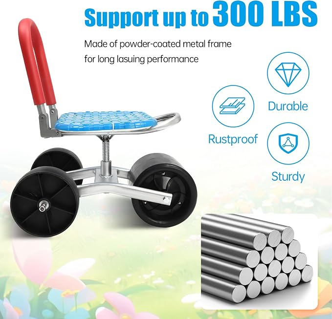 Gardening Stool – Rolling Garden Cart with Wheels – 360° Rotating Adjustable Seat, Heavy-Duty Garden Stool with 330 lbs Capacity, Ergonomic Gardening Seat for Planting, Weeding & Outdoor Yard Work