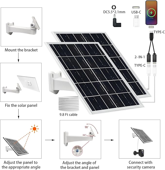 5V 16W Solar Panel for Security Camera IP65 Waterproof USB Solar Panel Charger Type-C Port、Micro USB Port＆DC Port Solar Sanels for Cameras with 9.8ft Charging Cable (8W White 2pack)
