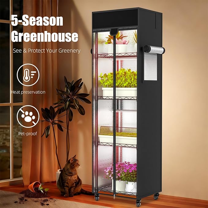 Indoor Greenhouse with Grow Light, 5 Tier 15.7" L×11.8" W×62.3" H growtent with Lights, with 48W Full Spectrum Growing Lamps，Metal Indoor Plant Enclosure for Seed Starting