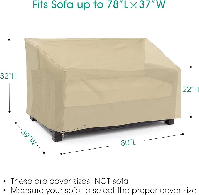 SunPatio Outdoor Patio Sofa Cover - Heavy Duty Deep Seat Couch Cover with Waterproof Seam, All Weather Protection, 80"L x 39"W x 32"H, Beige