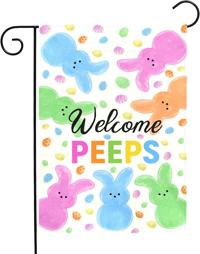 Welcome Peeps Easter Garden Flag for Outdoor Spring Cute Bunny Egg Pattern Double Sided Yard Banner Holiday Welcome Rabbit Flags Waterproof Seasonal Home Hare Decor for Porch Lawn 12x18 Inch