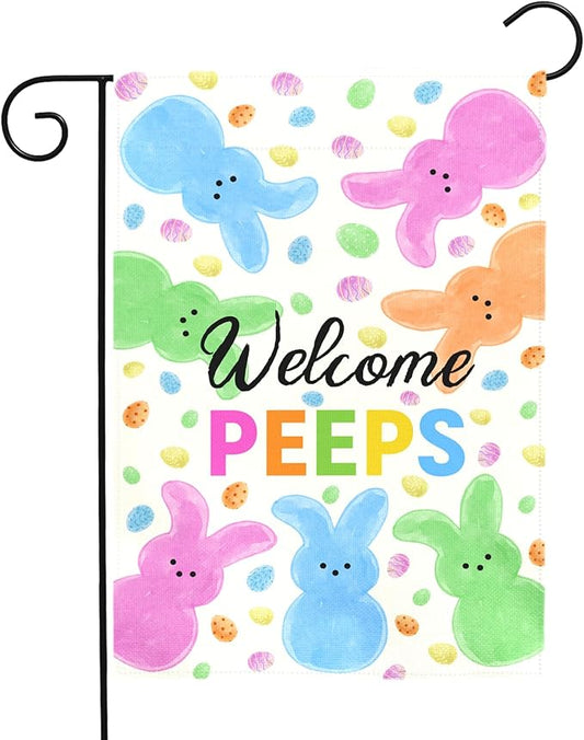 Welcome Peeps Easter Garden Flag for Outdoor Spring Cute Bunny Egg Pattern Double Sided Yard Banner Holiday Welcome Rabbit Flags Waterproof Seasonal Home Hare Decor for Porch Lawn 12x18 Inch