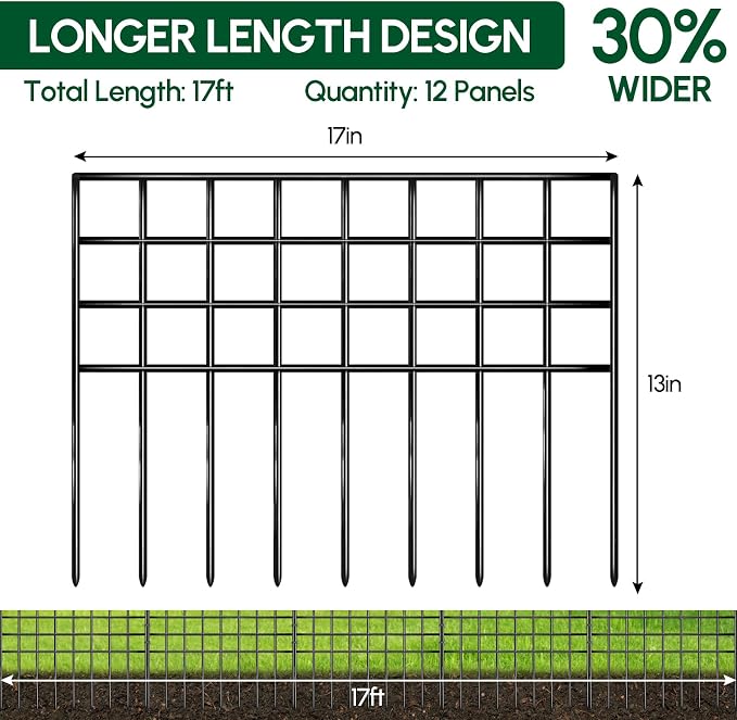 17ft(L) x 13in(H) Garden Fence Animal Barrier, 12 Panels No Dig Fence Panels for Dog Rabbit, Rustproof Metal Dig Defence Fencing Bottom Barrier, Anti Digging Garden Edging Border for Outdoor, Yard