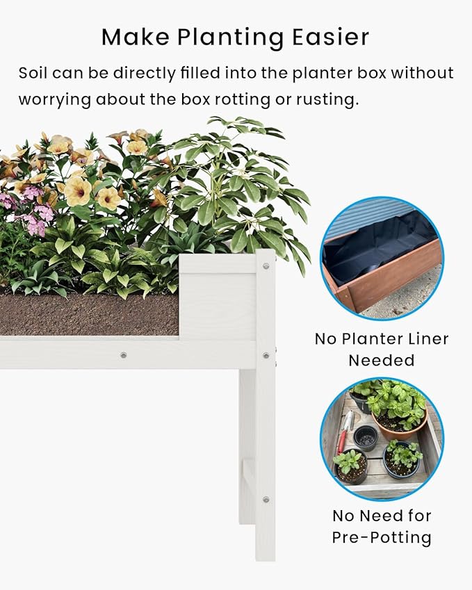 HDPE Raised Garden Bed with Legs, Outdoor All-Weather Elevated Planter Box Raised Beds for Seeds, Herb, Flower, Vegetable (White)