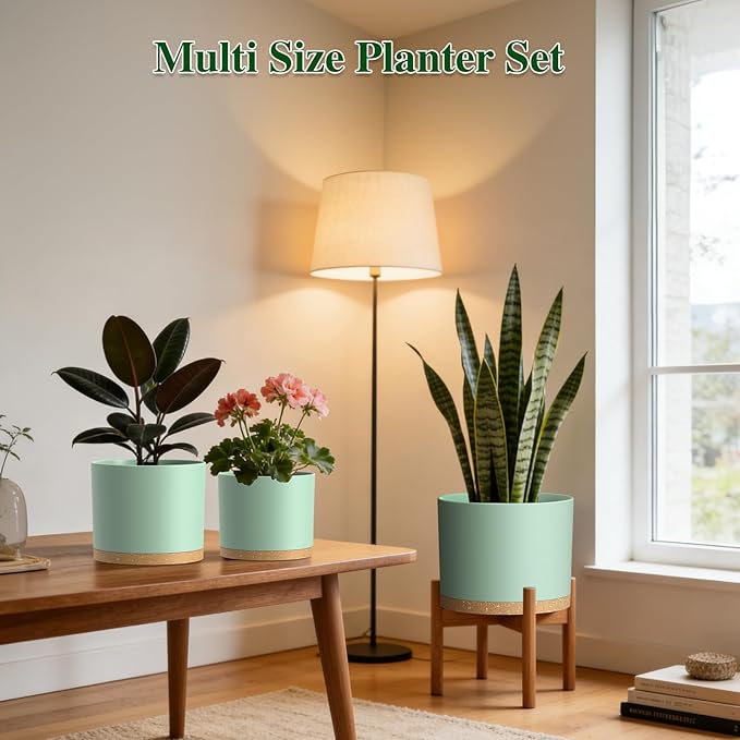 Plant Pots, 10/9/8 Inch 3 Pack Cylindrical Flower Pots with Drainage Holes and Saucers, Plastic Planters for Outdoor Indoor Plants,Green Brown