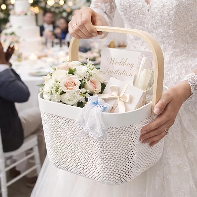 Roshtia 6 Pcs Plastic Mesh Storage Basket with Handle 9.8 x 10.2 x 7.1 Inch Garden Harvest Storage Basket Multi Functional Hanging Organizer for Kitchen Bathroom Picnic Cabinet Home(White)
