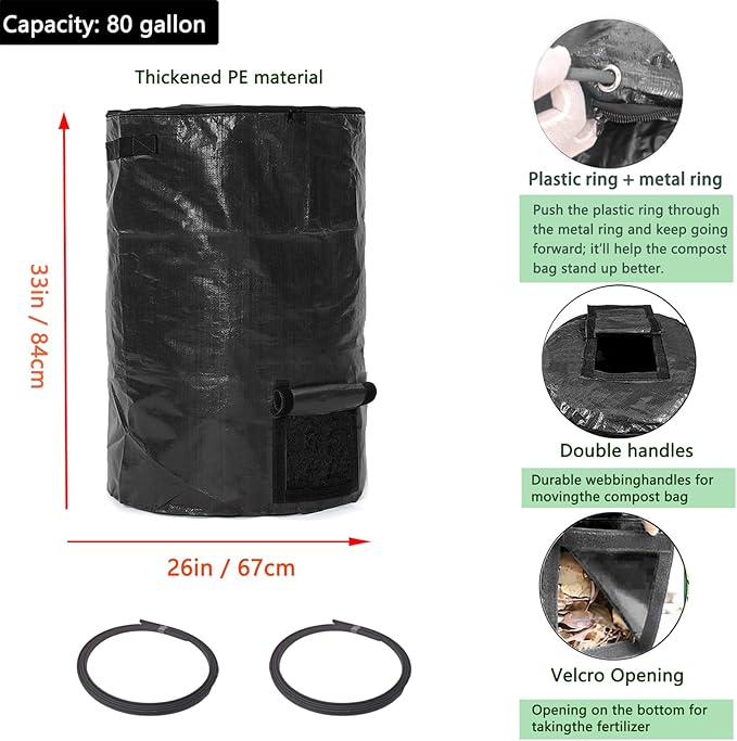 Large Compost Bin Bags,Garden Compost Bin Bags 80 Gallon(300L) Outdoor Collapsible Garden Yard Garbage Cans Fallen Leaf Bag (Black 1pc)