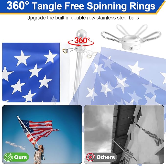 Flag Pole for Outside House, Heavy Duty Metal Flagpole for Residential, Outdoor or Porch, Stainless Steel Flag Poles, Upgraded Tangle Free Design, 1 Inch (6 FT, White)