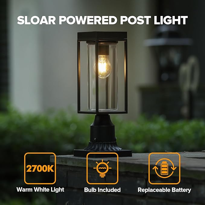 LUTEC 2 Pack Solar Post Lights, Dusk to Dawn Aluminium Lamp with Pier Mount Base, Exterior Black Solar Fence Light Outdoor Waterproof for Garden Yard Patio