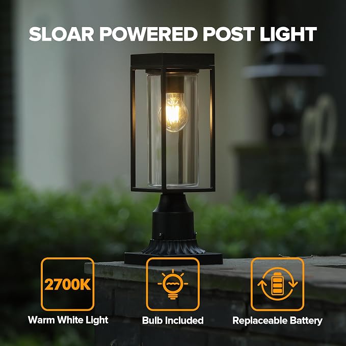 LUTEC Solar Post Light, Dusk to Dawn Aluminium Lamp Post Light Fixture with Pier Mount Base, Exterior Black Fence Lights Outdoor Waterproof for Garden Yard Patio Pole Mount