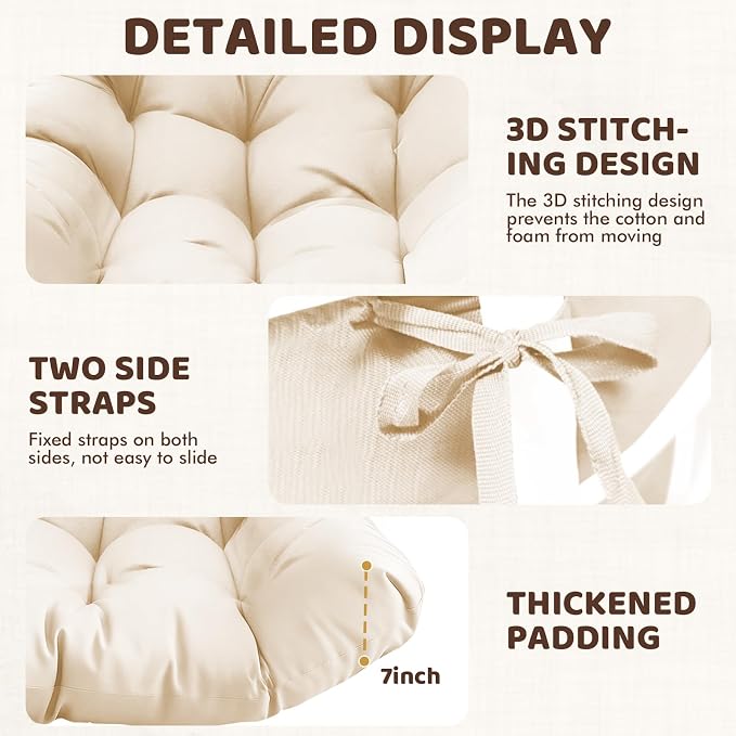 Waterproof Egg Chair Cushion Replacement, 47x33x7 Inches Thicken Outdoor Hanging Chair Cushion with Headrest Pillow, Cushions for Egg Chairs, Cream