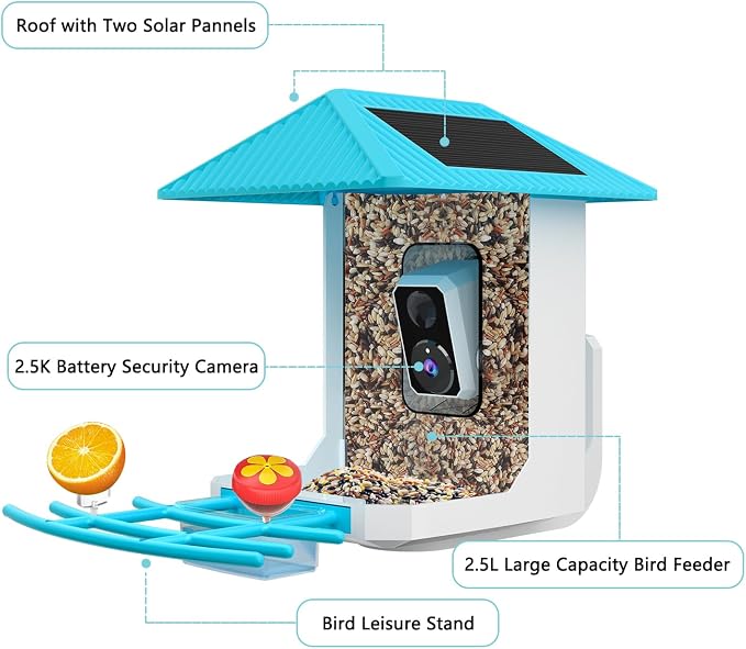 2.5K Smart Bird Feeder with Camera, 5GHz &2.4GHz Birds Watching Camera with AI Identify Bird Species, Outdoor Birds Feeder House with Solar Panel for BirdLovers (Blue)