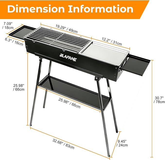 Charcoal Grill, Alloy Steel BBQ Barbecue Outdoor Grilling with Durable Support Frame and Dual Adjustable Vents for Tailgate Patio Beach Backyard(31.6x7.1x5.1 inch with Flat Grill Plate), Black