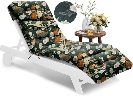 Outdoor Chaise Lounge Chair Cushion Waterproof 74.4 x 22 x 4.7 Inches Memory Foam Lounge Chair Cushions for Outdoor Furniture with Ties, Thickened Pool Lounge Chair Cushion, Green Floral