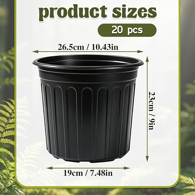 20 Pack 3 Gallon Plant Nursery Pots,Plastic Seedling Pot with Drainage Holes,Large Flexible Garden Flower Plant Container for Indoor Outdoor Plants,Potting,Cuttings,Transplanting,Black