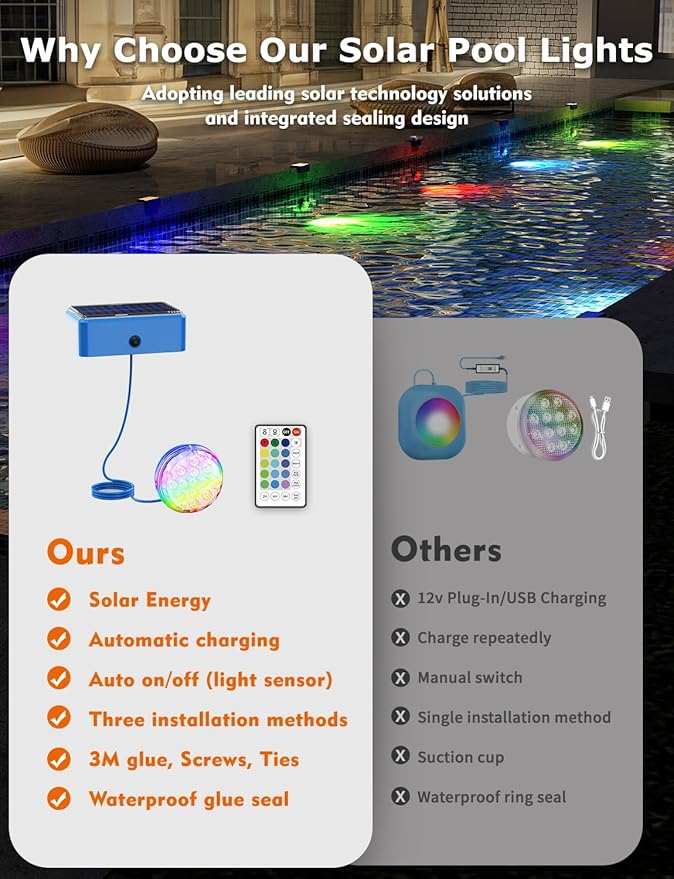Skairipa Solar Pool Lights, Solar Powered Submersible LED Lights with Remote IP68 Waterproof Swimming Pool Lights 16 Colors Underwater Pool Lights for Above Ground Inground Pool, Pond (Blue, 2 Pack)