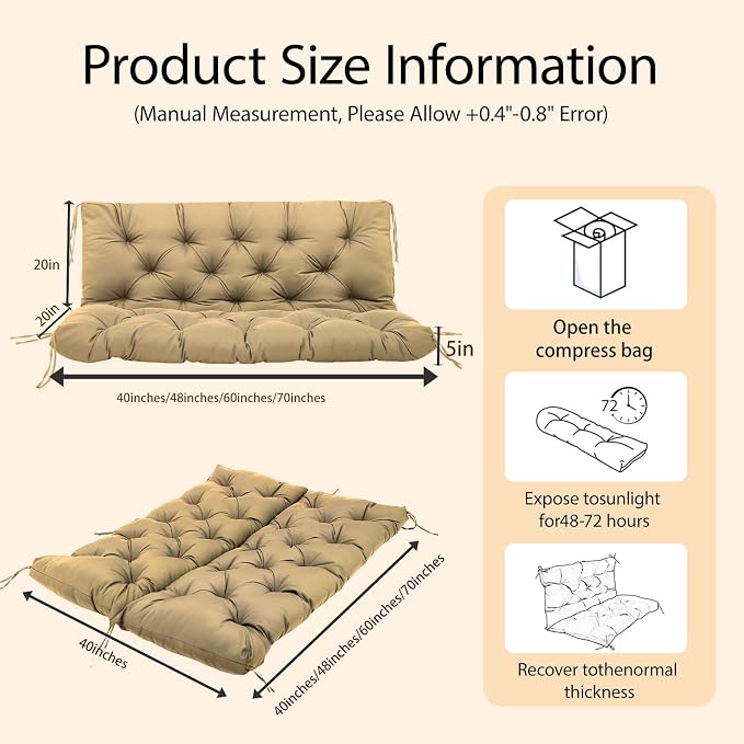 5" Thick Waterproof Porch Swing Cushion 70 x 40 in 3 Seater Replacement Outdoor Swing Cushions with Back Support Patio Swing Cushion for Outdoor Bench Furniture