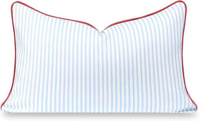 Hofdeco Premium Coastal Hampton Patio Indoor Outdoor Lumbar Pillow Cover Only, 12"x20" Water Repellent for Backyard, Couch, Poolside, Baby Blue Red Print Stripes