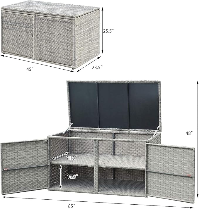 Rattan Storage Box w/2 Shelves, Wicker Storage Bench w/Lid & 2 Openable Doors, Rattan Cabinet Furniture Deck Box, Toys & Tools Cabinets for for Patio, Garden, Balcony, Porch, Yard (Color Gray)